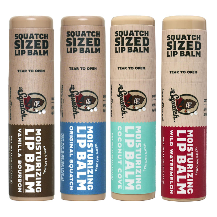 Dr. Squatch front packaging showing four scent sticks and product benefits