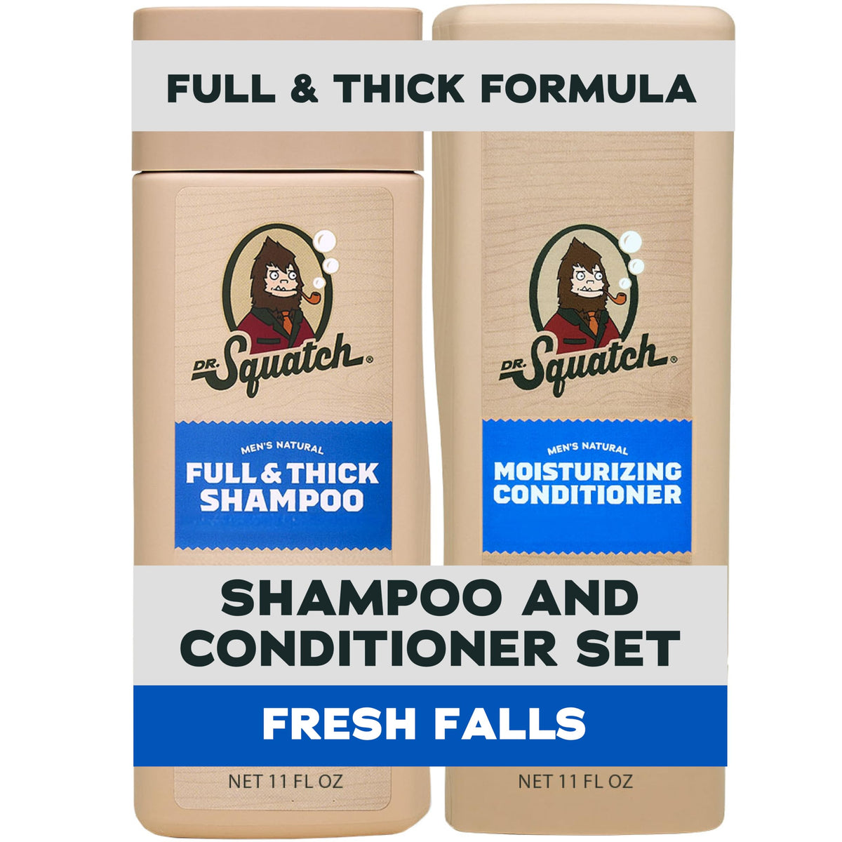 Dr. Squatch front packaging showing set and Fresh Falls scent, highlights natural benefits