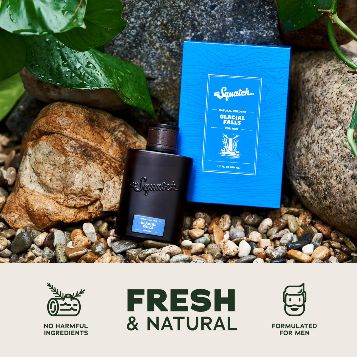 Dr. Squatch Glacial Falls next to a credit card showing compact 1.7 fl oz travel size