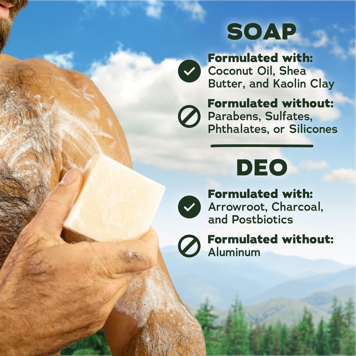 Dr. Squatch ingredients coconut shea kaolin displayed to highlight nourishing benefits