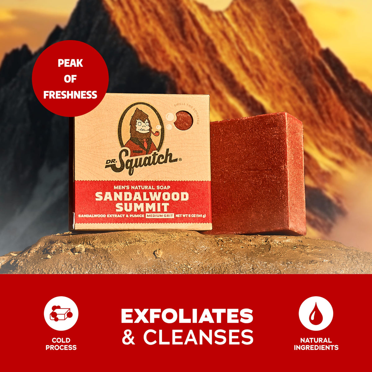 Dr. Squatch ingredient display with kaolin, coconut, shea illustrating natural benefits
