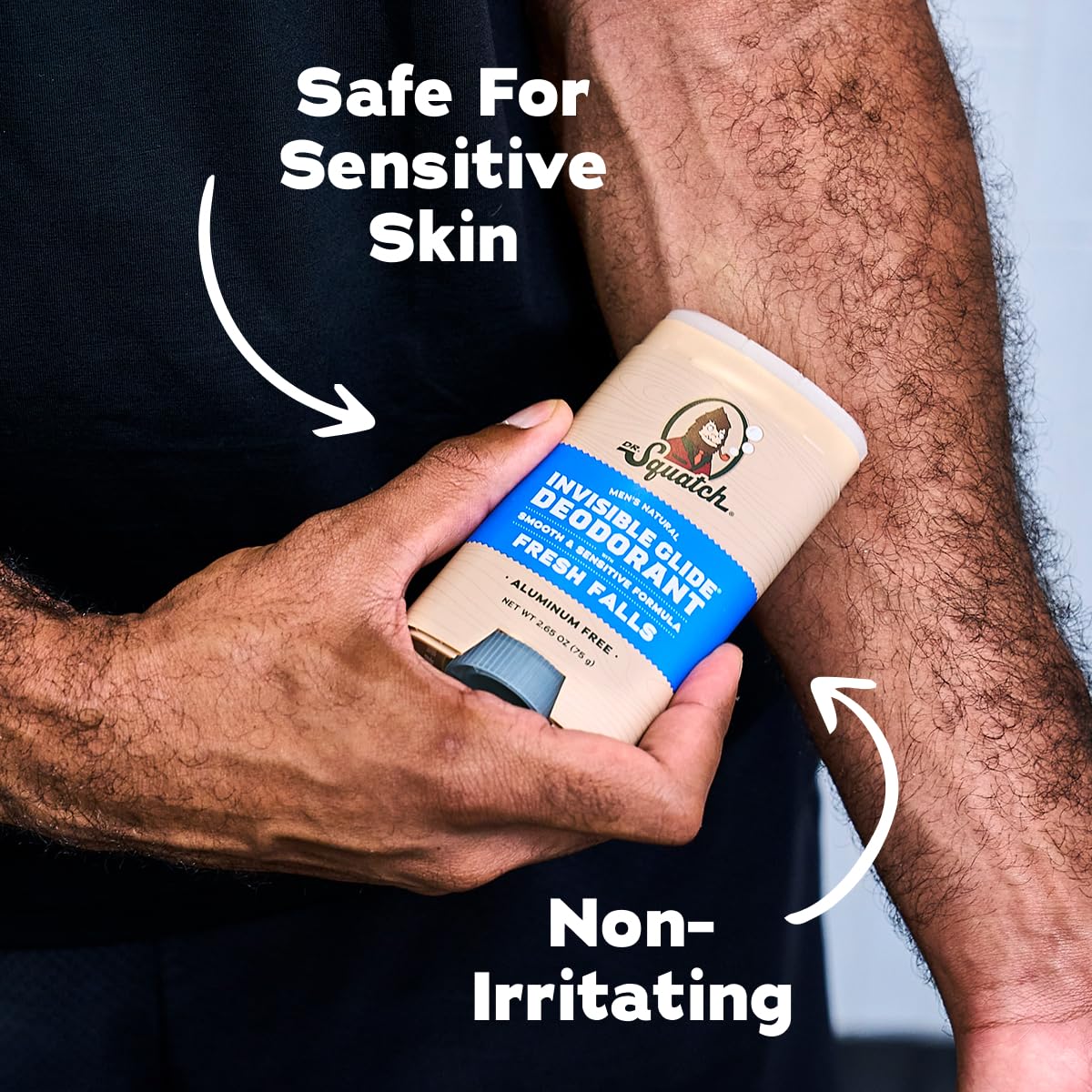 Dr. Squatch deodorant applied to underarm demonstrating invisible finish