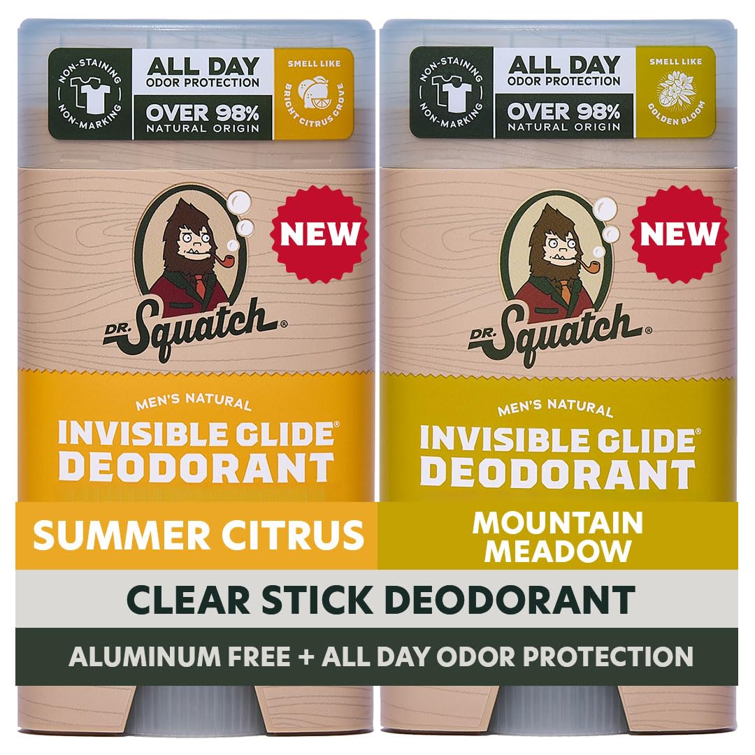Dr. Squatch front packaging showing two-stick pack and branding benefit clear protection