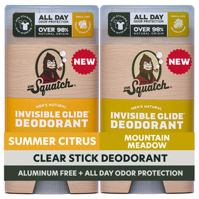 Dr. Squatch front packaging showing two-stick pack and branding benefit clear protection