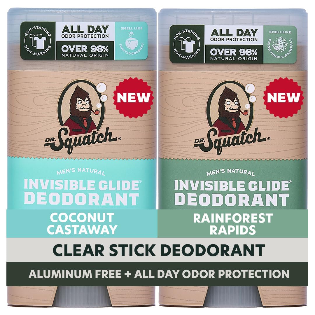 Dr. Squatch front packaging showing two deodorant sticks and branding benefit clean presentation