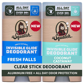 Dr. Squatch front packaging showing two-pack and clear branding, conveys convenience