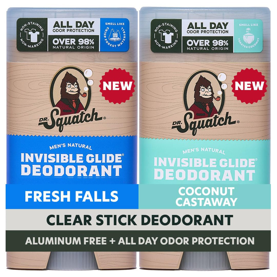 Dr. Squatch front packaging showing two-pack and clear branding, conveys convenience