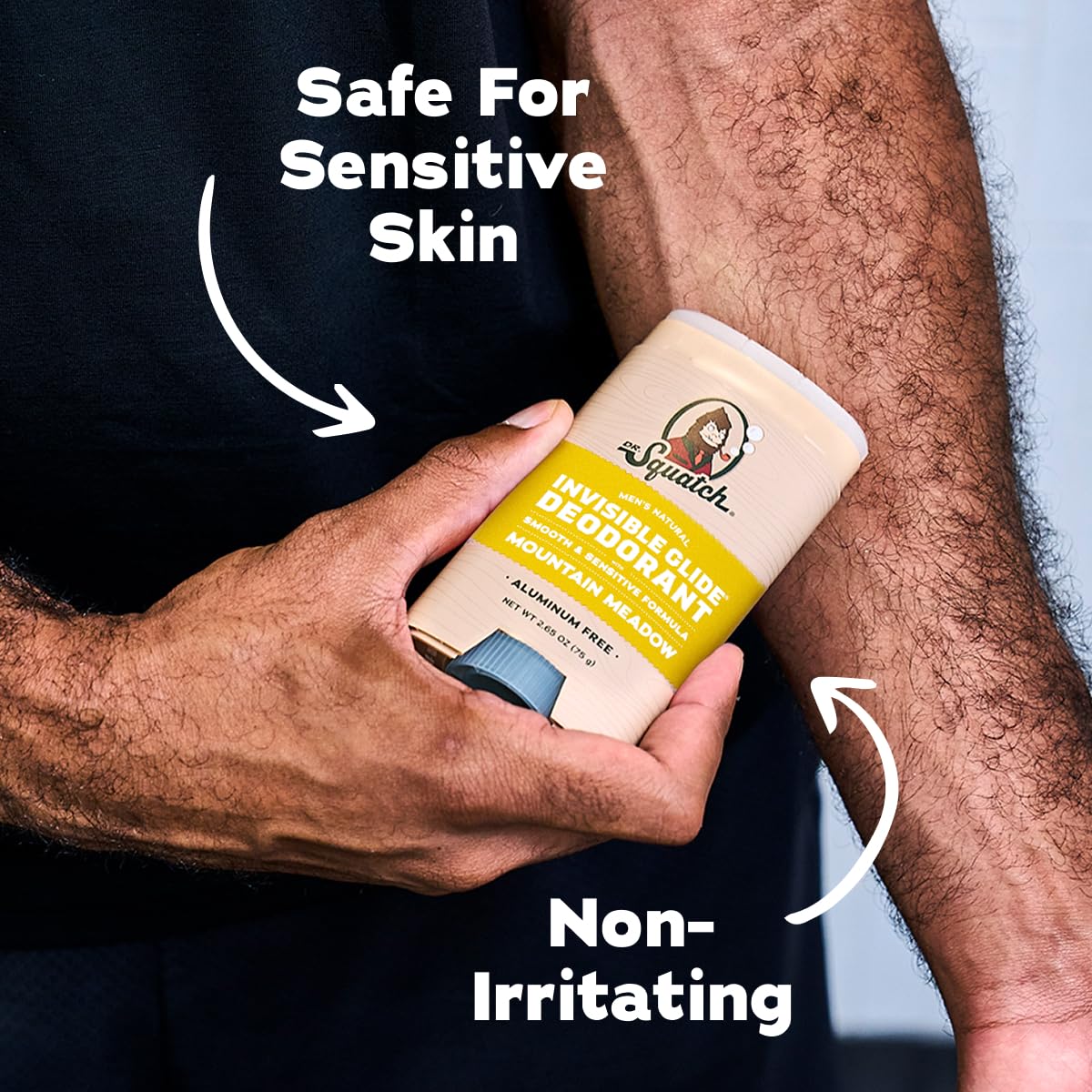 Dr. Squatch next to white shirt with no marks demonstrating no-stain protection