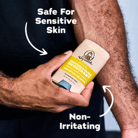 Dr. Squatch next to white shirt with no marks demonstrating no-stain protection