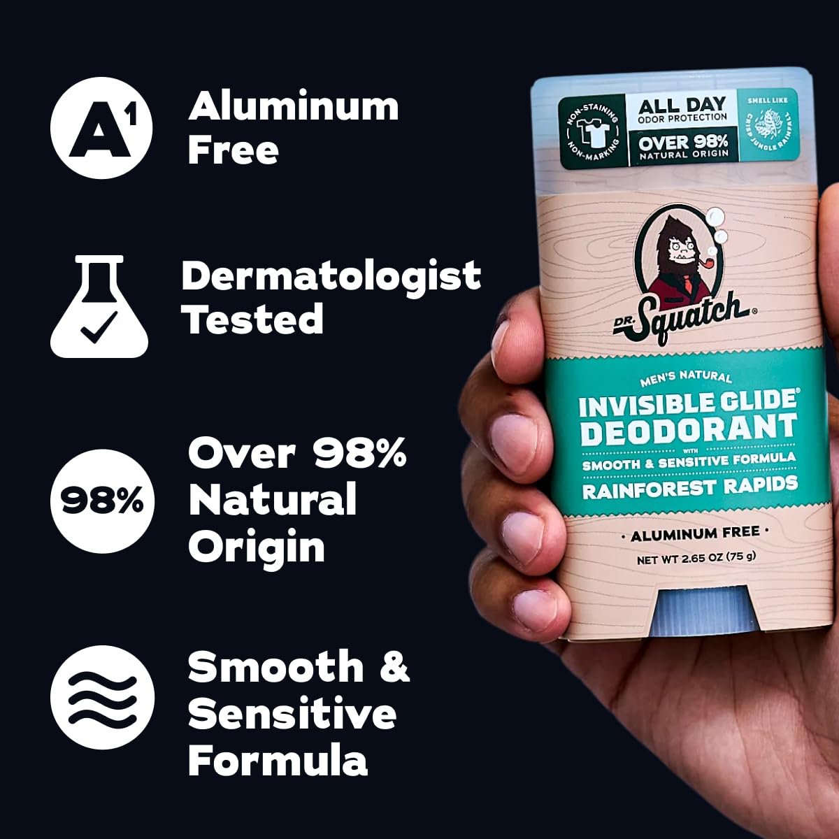 Dr. Squatch Rainforest Rapids stick showing minty-eucalyptus scent for invigorating freshness
