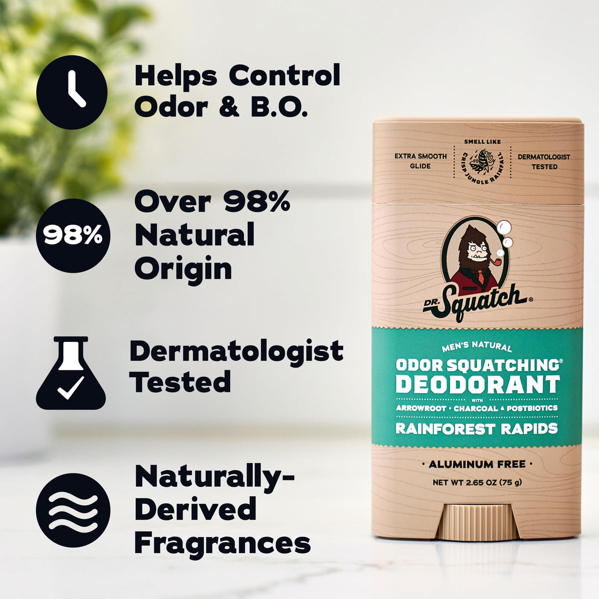 Dr. Squatch label close-up showing natural-origin ingredients and clear directions