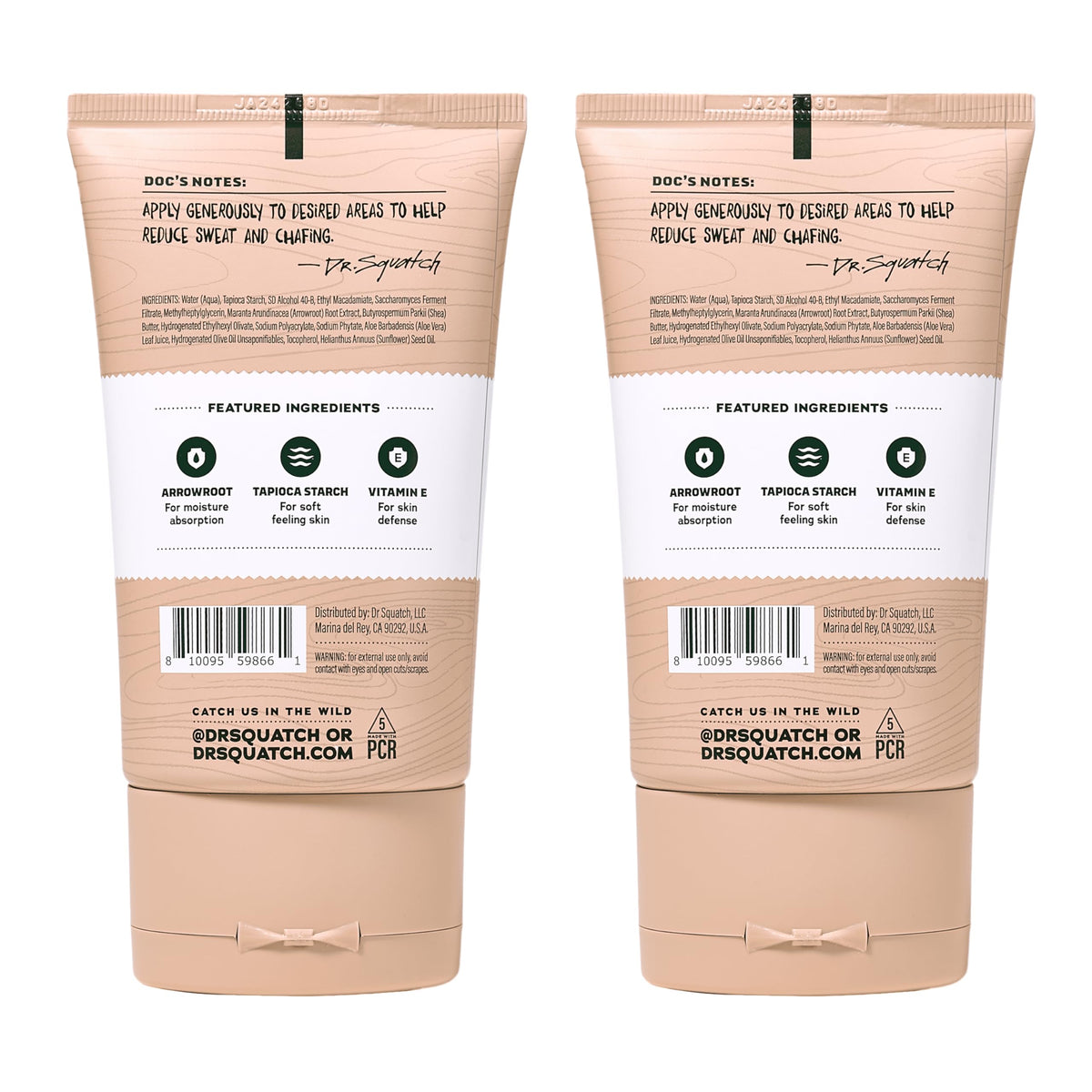 Dr. Squatch label close-up noting dermatologist-tested formula reassuring gentle use
