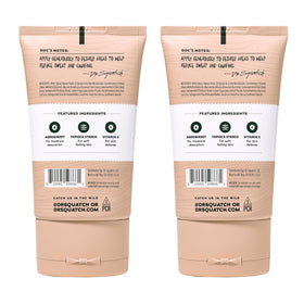Dr. Squatch label close-up noting dermatologist-tested formula reassuring gentle use