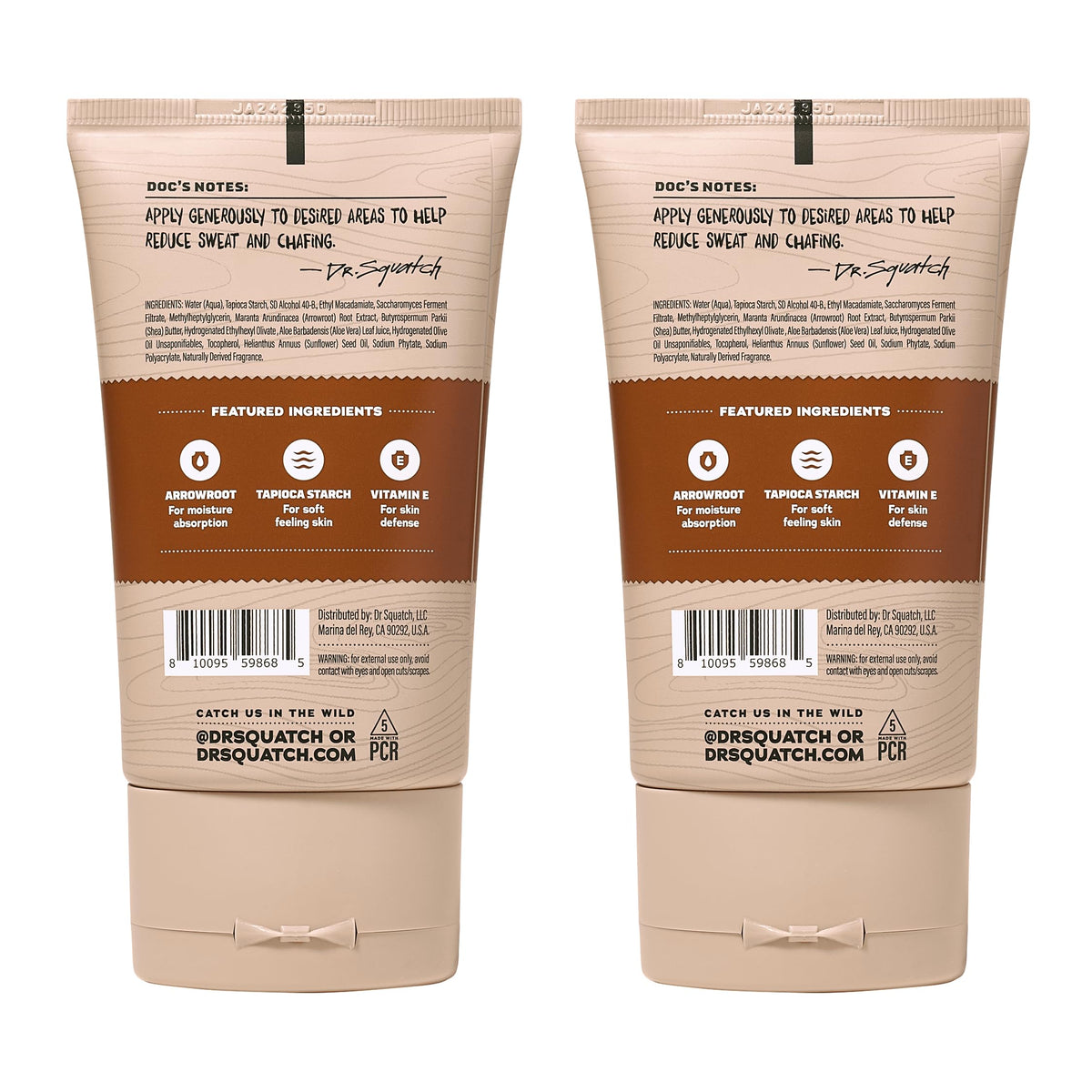 Close view of Dr. Squatch label ingredients list highlighting natural-ingredient benefit