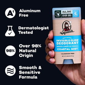 Dr. Squatch label close-up showing ingredient list and natural formulation