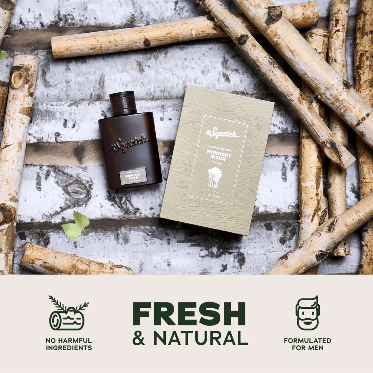 Dr. Squatch bottle staged in woodland setting conveying rugged, woodsy aroma benefit