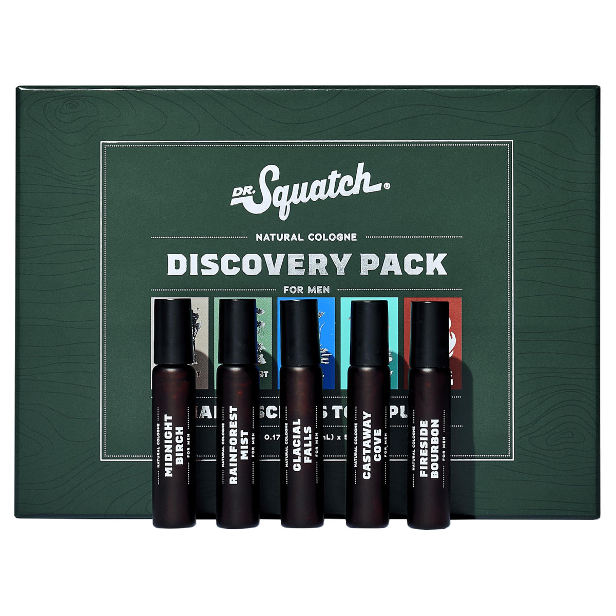 Dr. Squatch mini cologne pack front view showing five travel sprays and labels