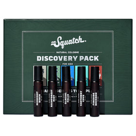 Dr. Squatch mini cologne pack front view showing five travel sprays and labels