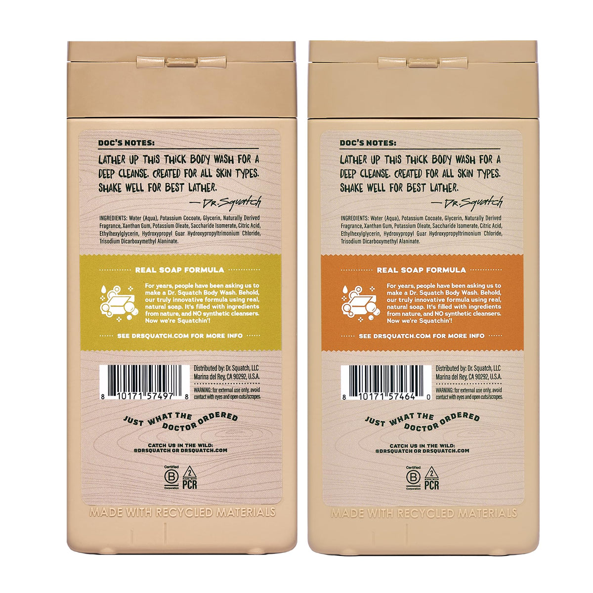 Dr. Squatch back label close-up showing ingredients and dermatologist-tested benefit