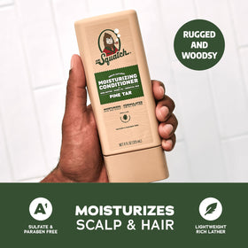 Dr. Squatch shampoo and conditioner placed on bathroom shelf suggesting daily routine