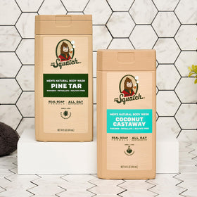 Dr. Squatch bottle placed in shower showing easy dispense and convenience benefit