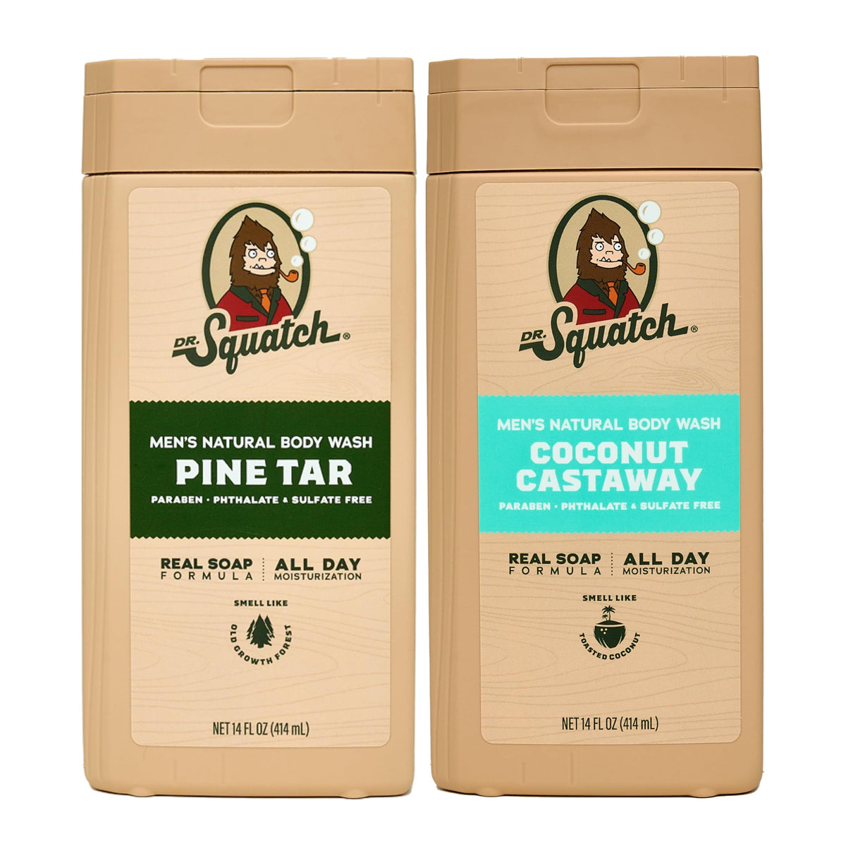 Dr. Squatch front packaging showing pine tar coconut scent and benefit of natural cleansing