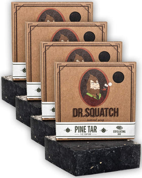 Dr. Squatch front packaging showing four pine tar bars and woodsy benefit