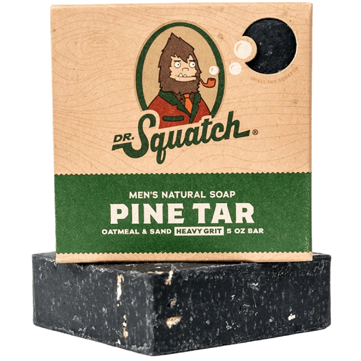 Dr. Squatch pine tar bar front view showing rugged texture and deep pine scent