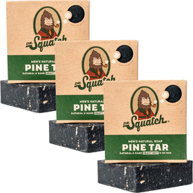 Dr. Squatch front packaging showing three pine tar bars and brand name benefits