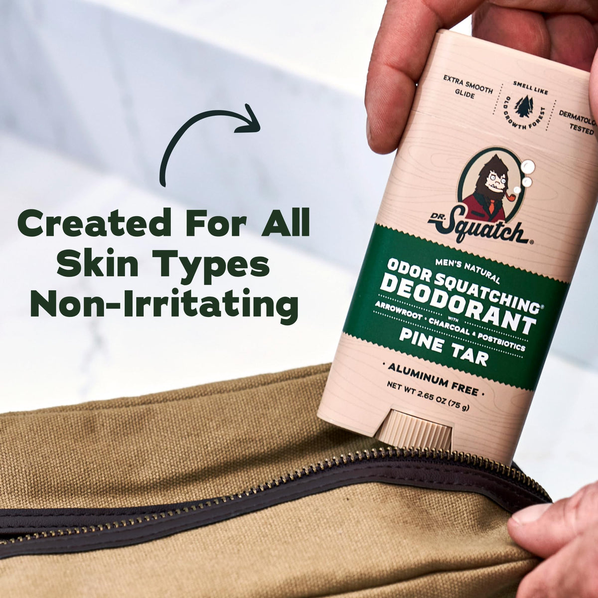 Dr. Squatch Pine Tar stick displayed for earthy scent and lasting freshness