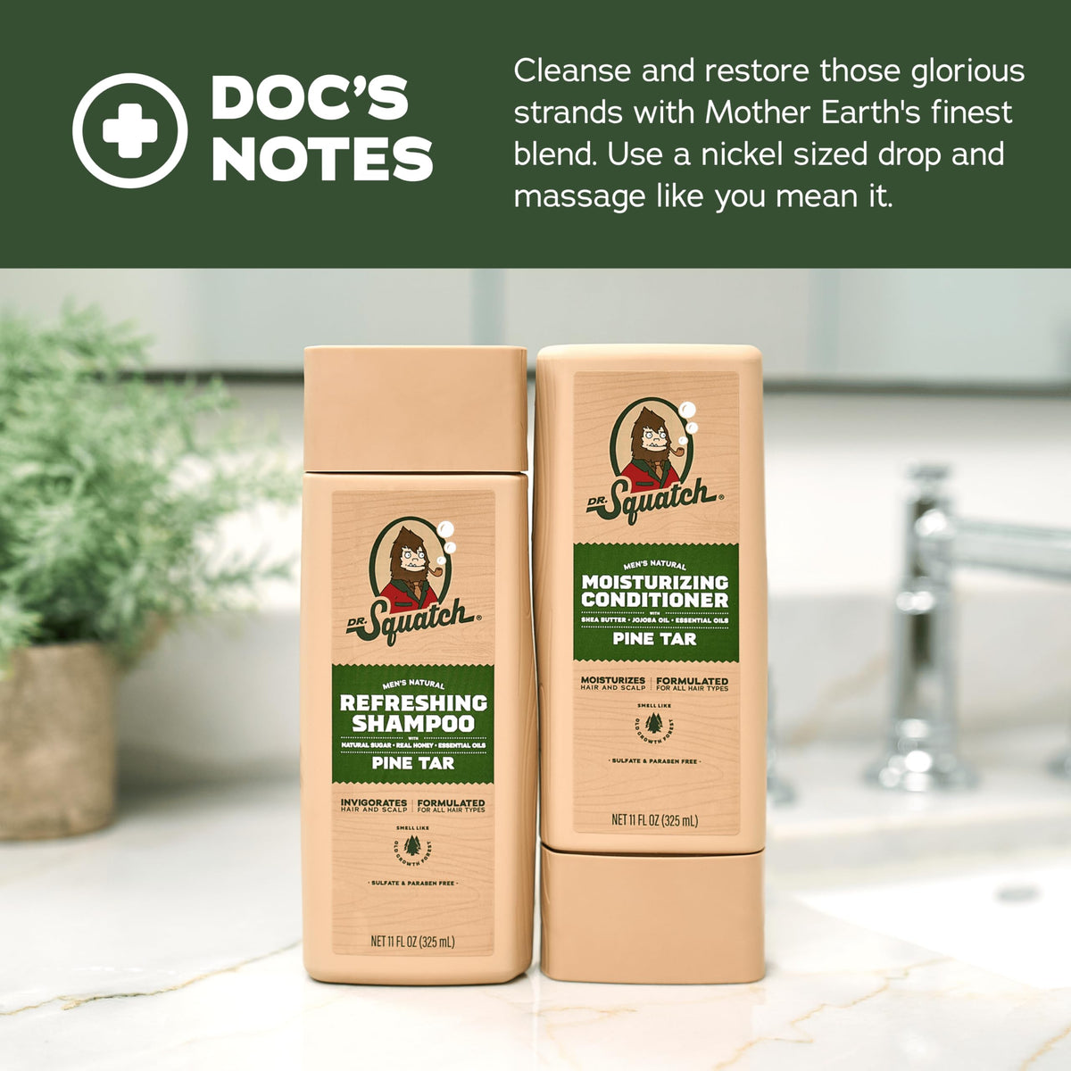 Dr. Squatch bottles next to hand showing 11 fl oz scale and travel convenience