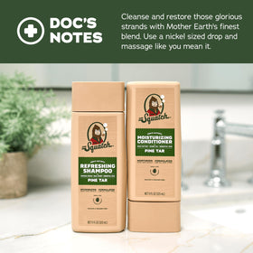 Dr. Squatch bottles next to hand showing 11 fl oz scale and travel convenience