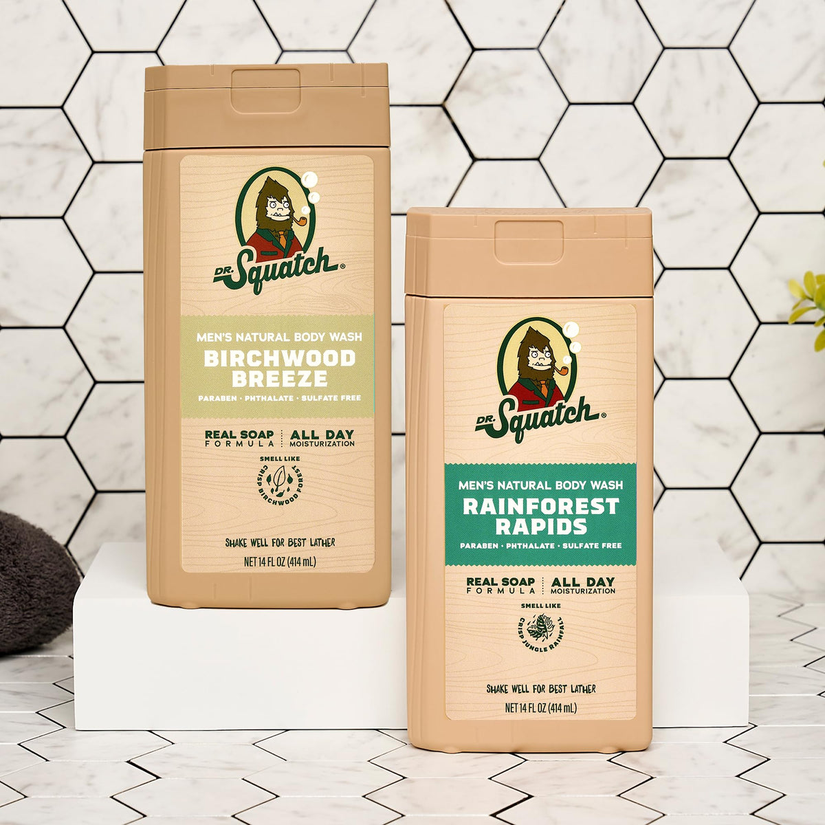Dr. Squatch pouring into hand with water showing easy rinse benefit