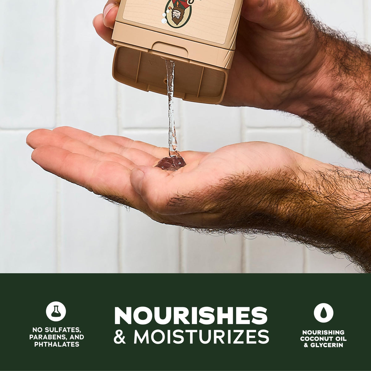 Dr. Squatch pump nozzle close-up revealing easy dispense benefit