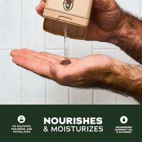 Dr. Squatch pump nozzle close-up revealing easy dispense benefit