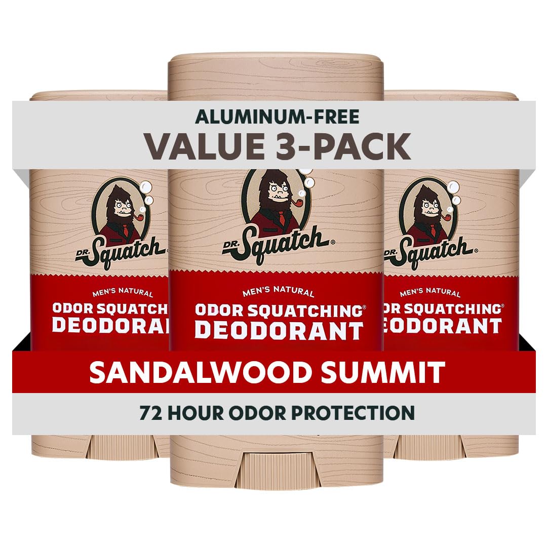 Dr. Squatch front packaging of Sandalwood Summit deodorant showing product benefit