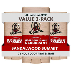 Dr. Squatch front packaging of Sandalwood Summit deodorant showing product benefit
