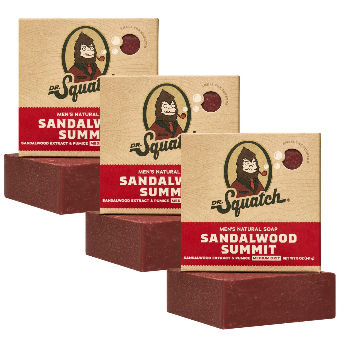 Dr. Squatch front packaging showing three Sandalwood Summit bars and scent benefit