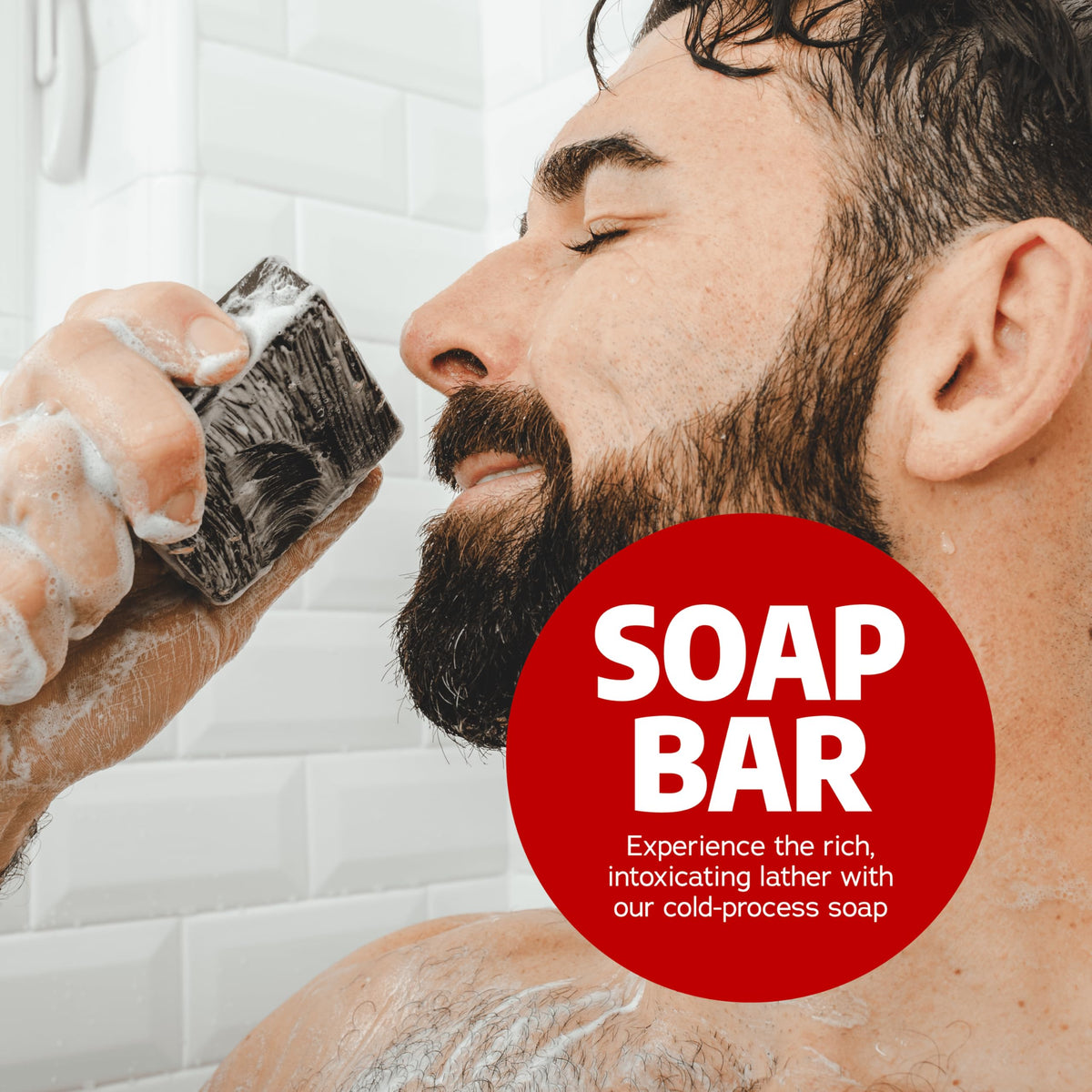 Dr. Squatch soap held in hand showing 5 oz size and lasting use benefit