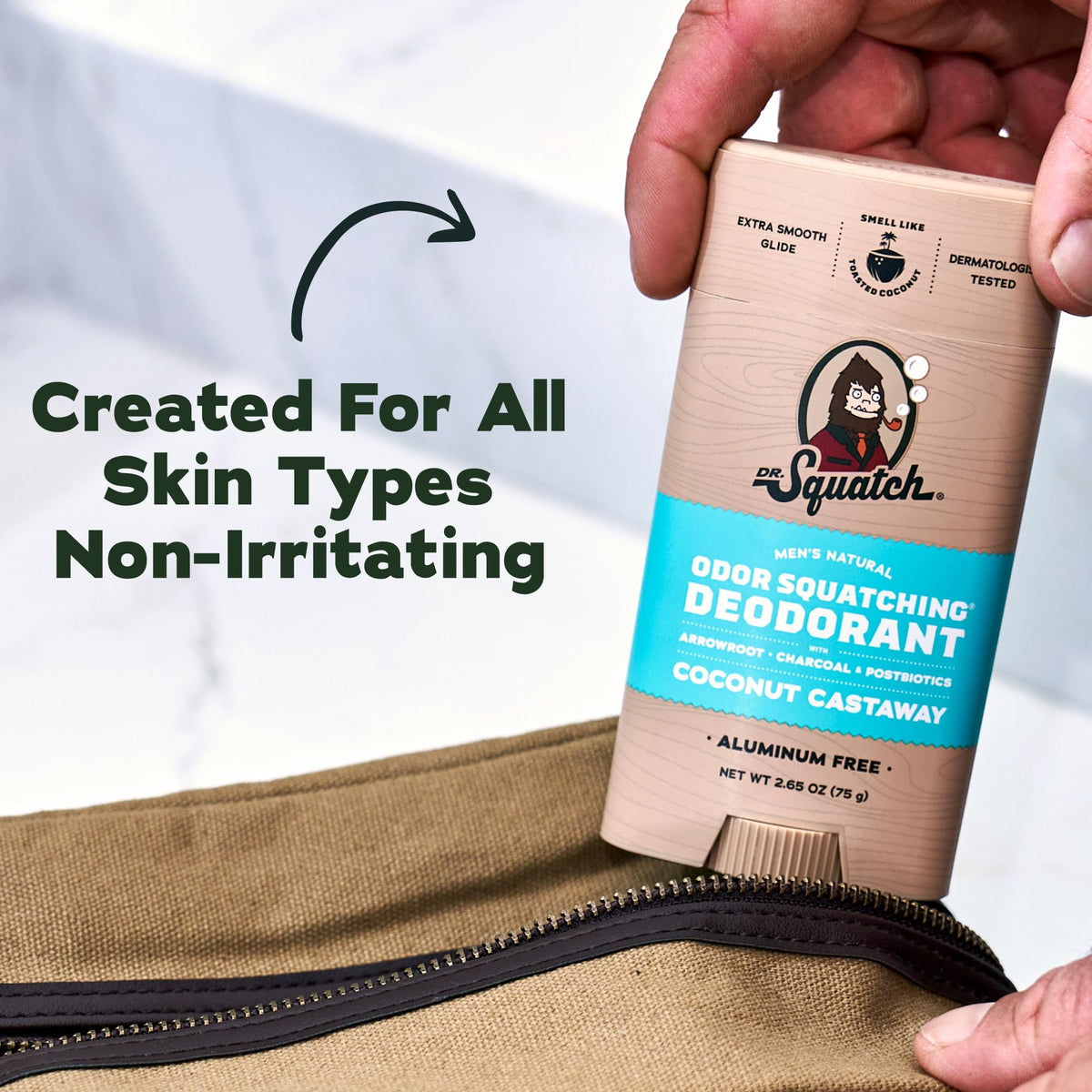 Dr. Squatch held in hand to show 2.65oz size for travel-friendly convenience