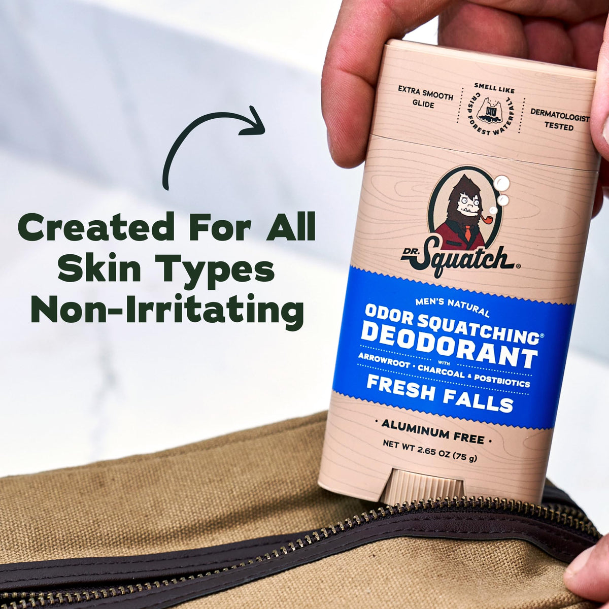 Dr. Squatch held in hand showing travel-friendly 2.65oz size convenience