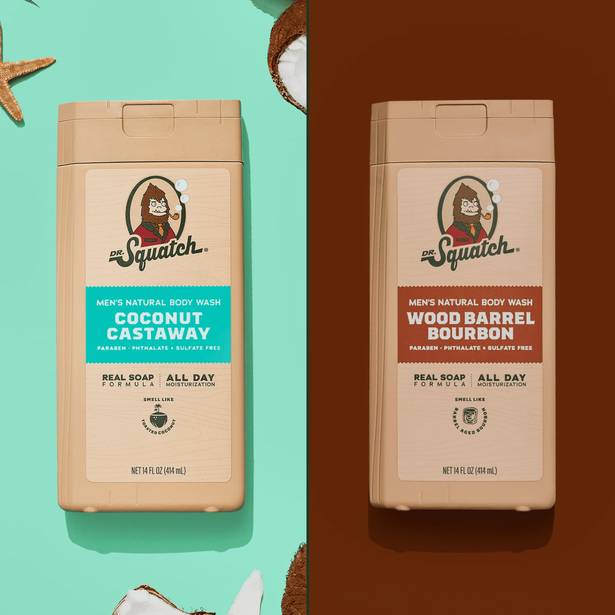 Dr. Squatch bottles beside a hand showing 14 oz size and practical portioning benefit