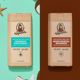 Dr. Squatch bottles beside a hand showing 14 oz size and practical portioning benefit