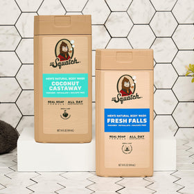 Dr. Squatch size comparison beside a hand illustrating 14 oz scale benefit