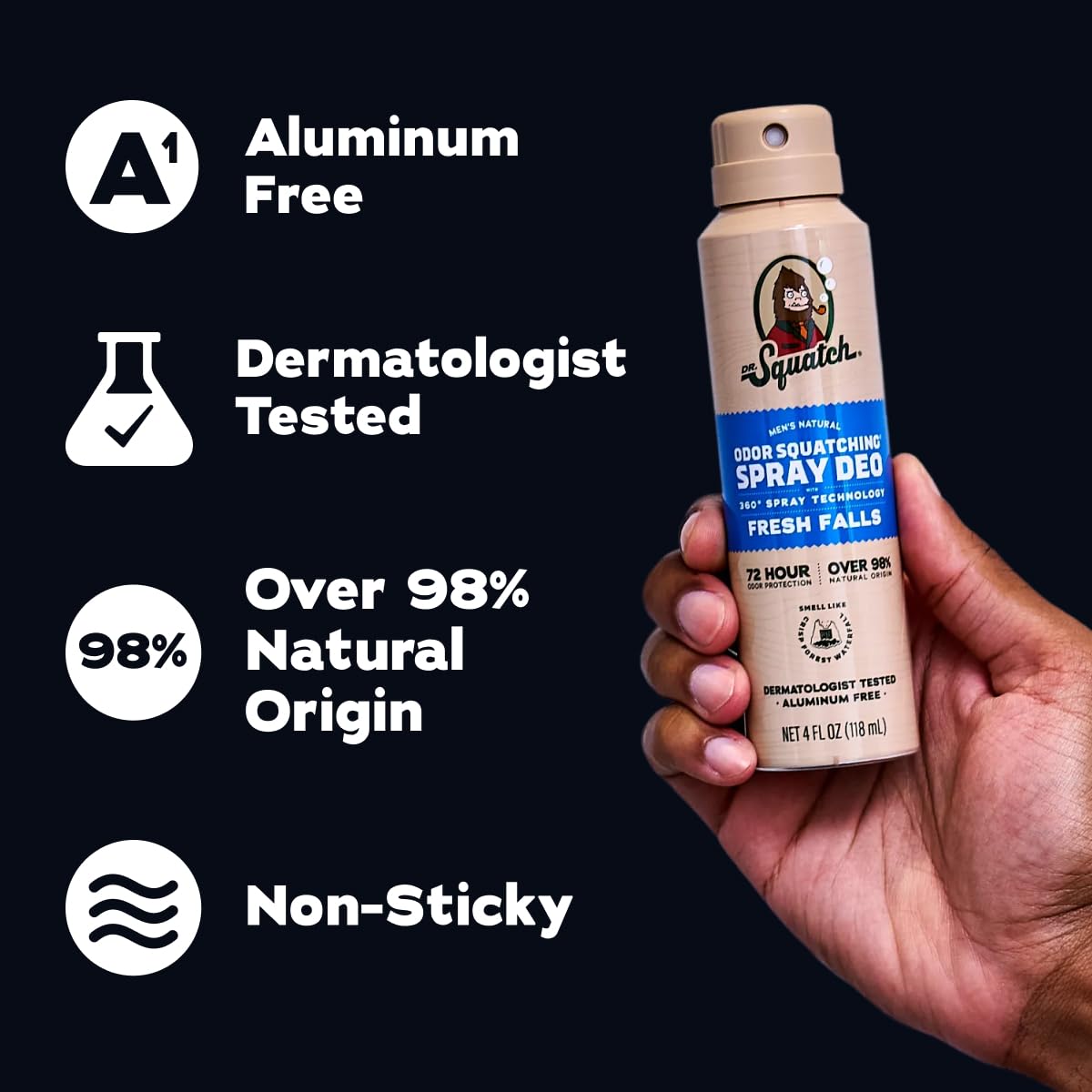 Dr. Squatch spray mist texture demonstrating fast-dry, non-sticky finish