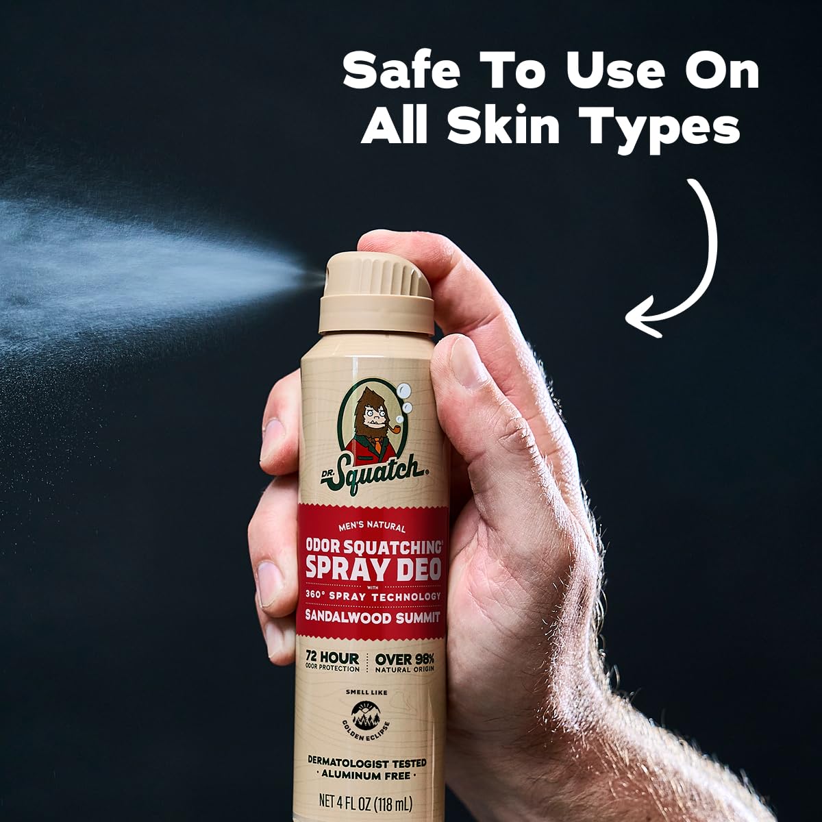 Dr. Squatch mist texture captured mid-air showing quick-dry, non-sticky finish