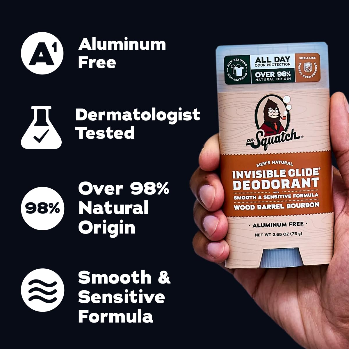 Dr. Squatch deodorant stick held in hand displaying travel size convenience