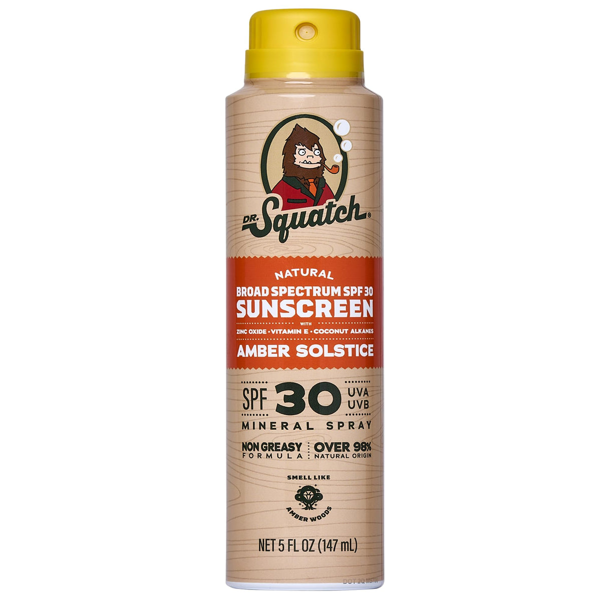 Dr. Squatch front packaging showing SPF 30 and spray bottle design benefit quick use
