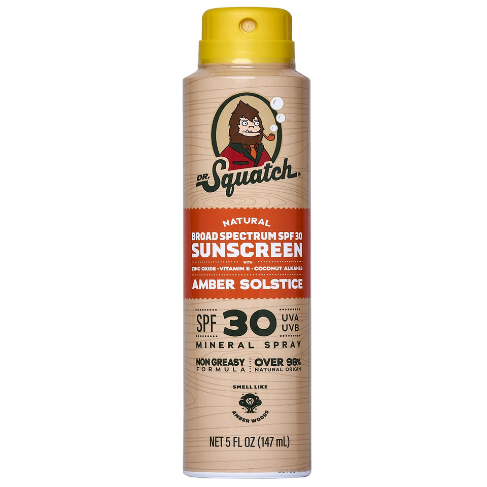Dr. Squatch front packaging showing SPF 30 and spray bottle design benefit quick use