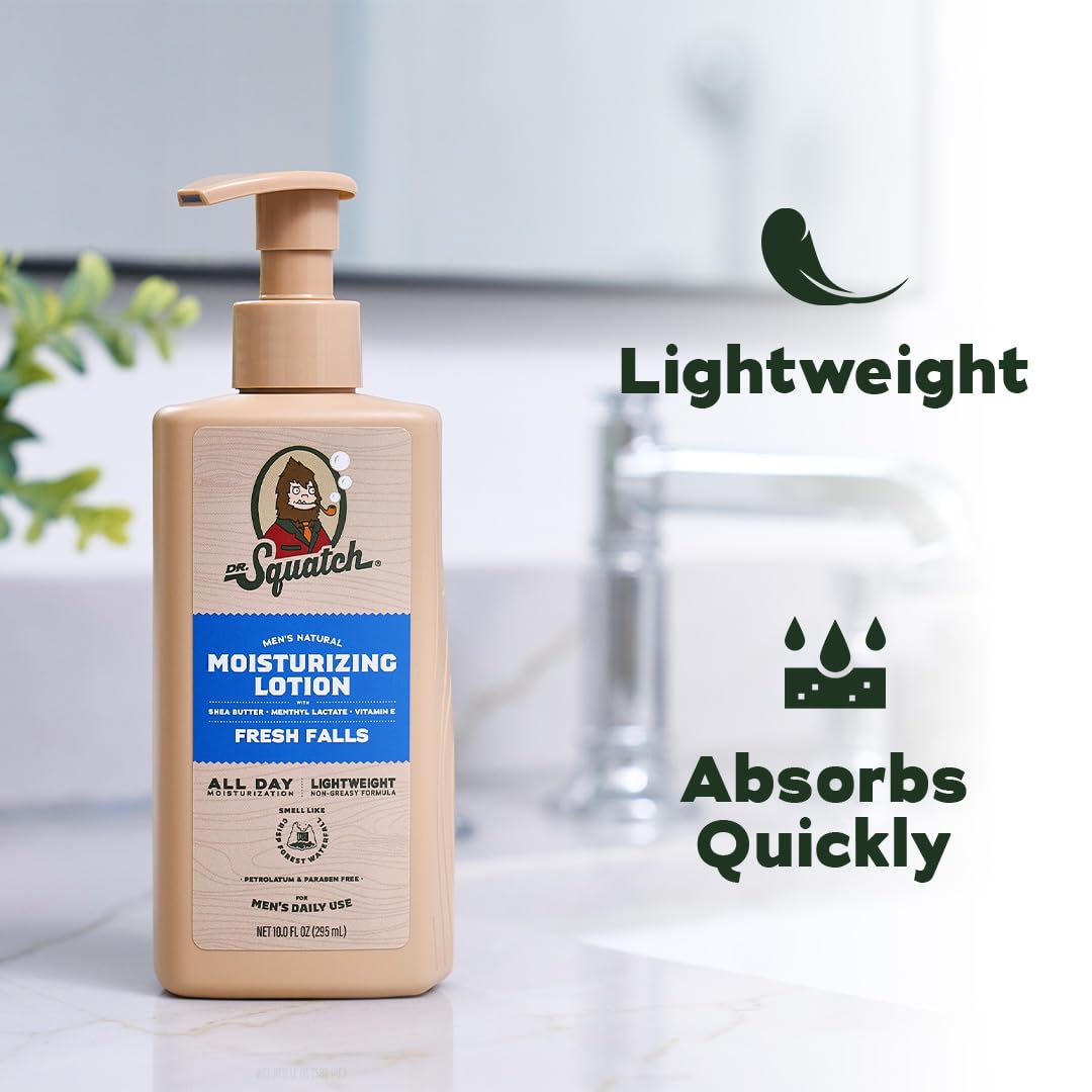 Dr. Squatch lotion pouring to show creamy texture and quick absorption benefit